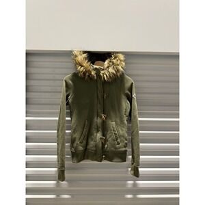 Hollister Olive Green Faux Fur hood fur inside lining Zip Hoodie Jacket Wmns XS